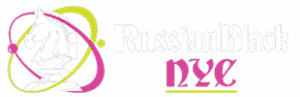 Logo with atomic symbol and stylized text reading 'Russian NYC'.