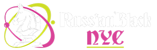 Logo with atomic symbol and stylized text reading 'Russian NYC'.