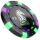 A poker chip with a green and purple design.