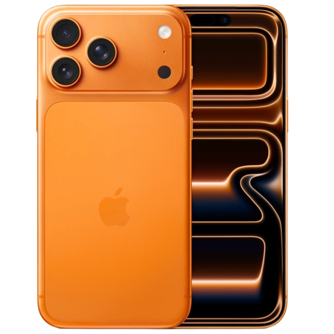 Orange iPhone with triple camera setup and sleek design.