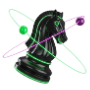 A black knight chess piece surrounded by colorful orbit rings.