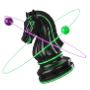 A black chess knight with glowing neon rings.