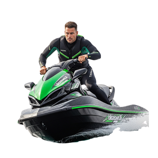 Man riding a green and black jet ski on water.