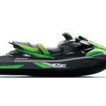 Green and black personal watercraft with sleek design.