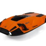 Orange underwater drone with front lights and sleek design.