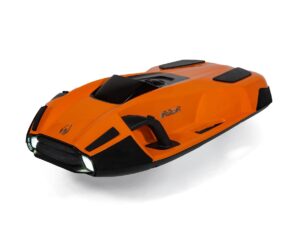 Orange underwater drone with front lights and sleek design.