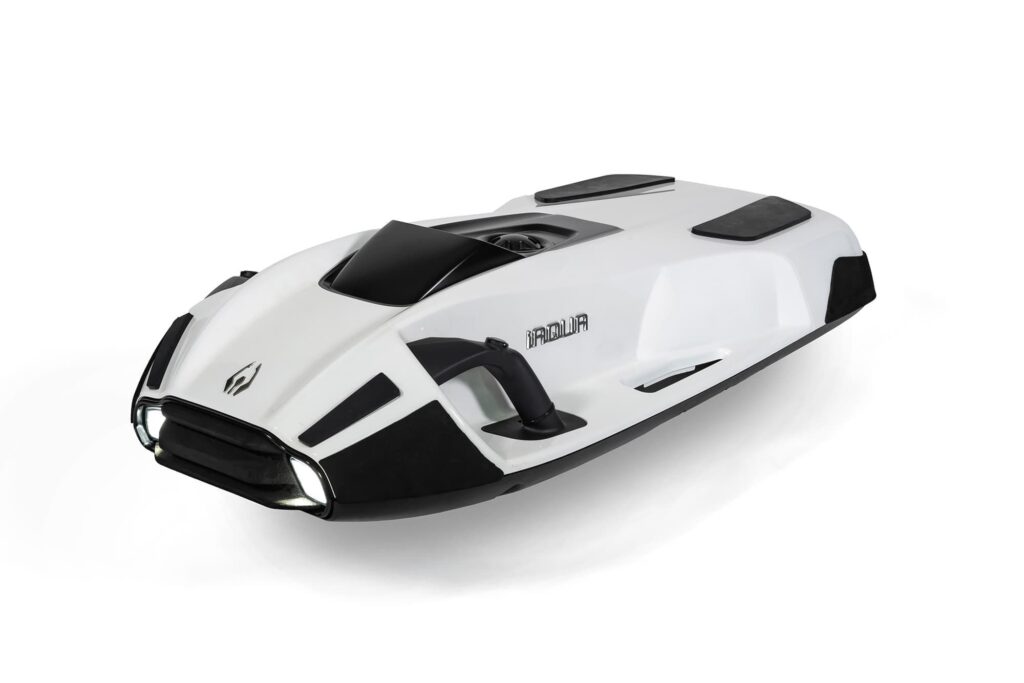 A sleek white and black underwater scooter designed for diving.