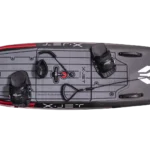 Fishing kayak with mounted rod holders and gear.