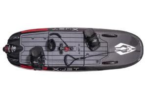 Fishing kayak with mounted rod holders and gear.