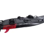 Black and red fishing kayak with rod holders and a rudder system.
