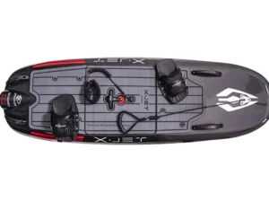 Top view of a sleek, modern fishing kayak with two seats and storage compartments.