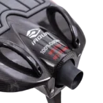 Close-up of a black snorkel fin with a textured foot pocket and red detailing.