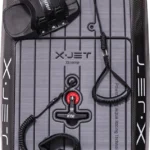 Close-up of a black and red X-JET watercraft handle and deck.