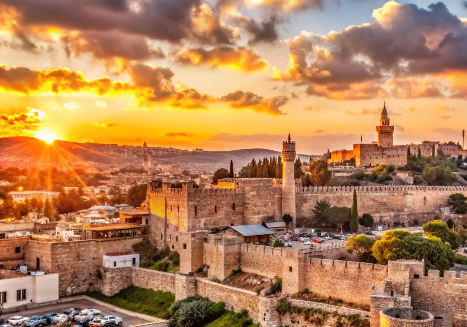 Sunset over the ancient walls of Jerusalem with dramatic clouds.