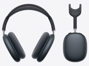 Sleek black wireless over-ear headphones with a modern design.