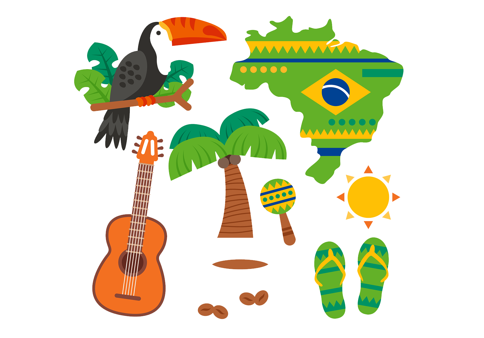 Brazil-themed summer icons including toucan, guitar, palm trees, and flip-flops.