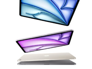 Three sleek laptops in blue, purple, and silver colors floating above each other.