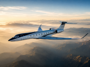 Private jet flying over misty mountains