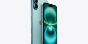 Sleek mint green iPhone with vibrant display and dual cameras.