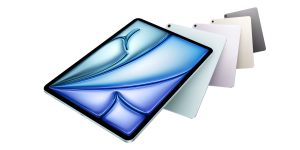 Three sleek tablets in blue, green, and purple shades with vibrant screens.