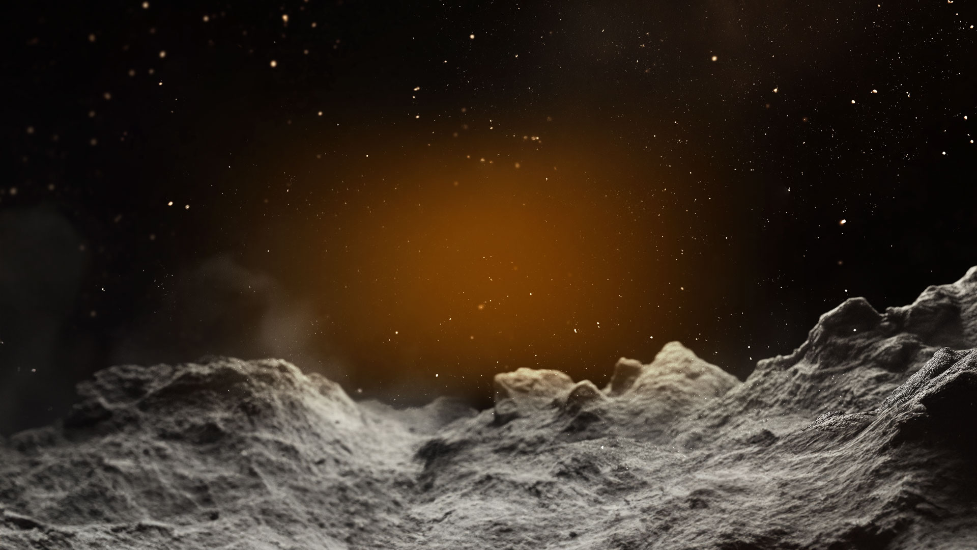 A rocky, cratered surface under a starry night sky with an orange glow.